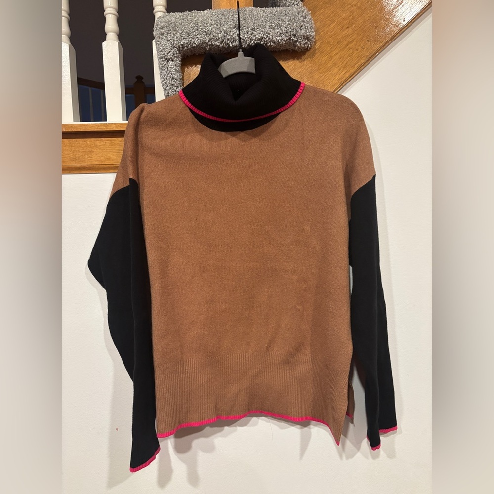 Tahari Brown and Black Colorblock Turtleneck Sweater with Pink Trim